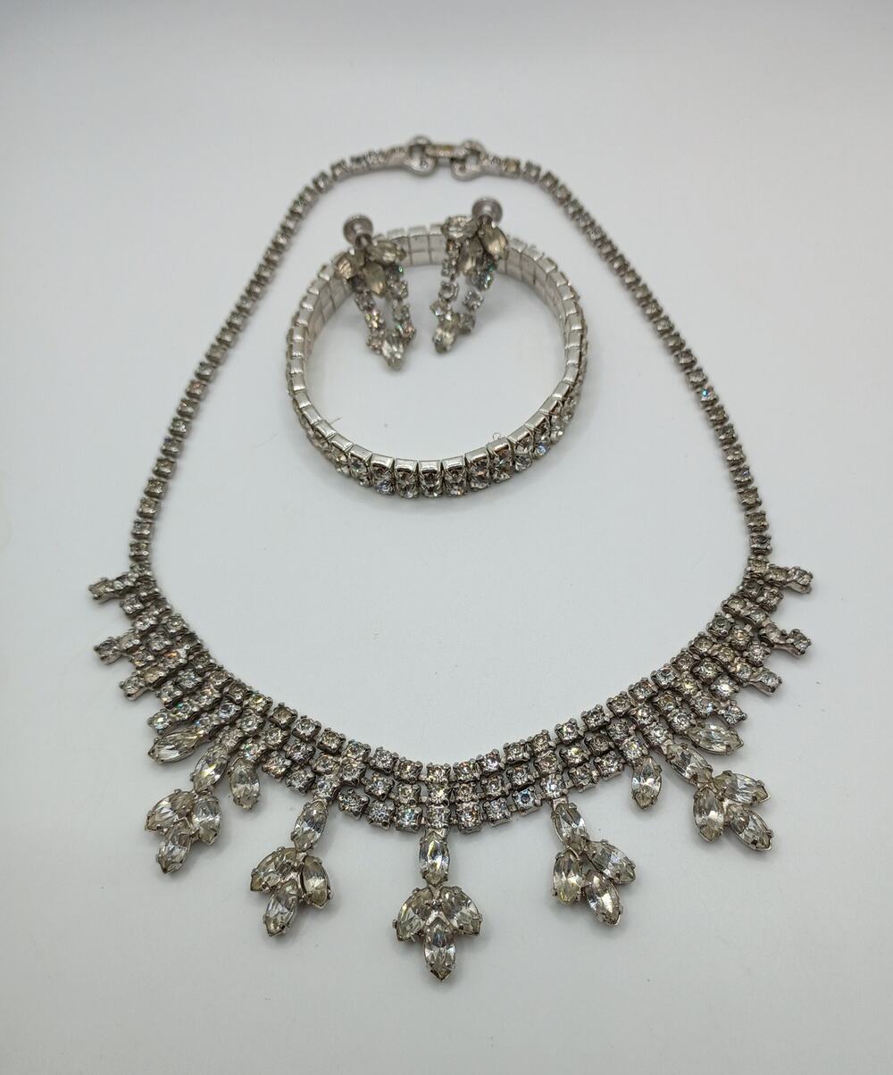 Vintage Rhinestone Jewelry – Necklace, Bracelet & Screw Back Earrings